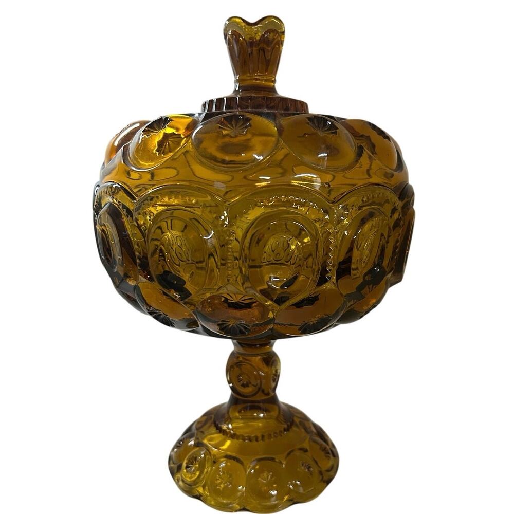LE Smith 13” Moon & Stars Compote Amber Candy Dish Hard to Find Vintage